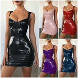 2020 Gothic Women Bodycon Dress PU Leather Vestido High Waist Sleeveless  Mini Dress Femme Party Sexy Bodycon Dress