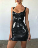 2020 Gothic Women Bodycon Dress PU Leather Vestido High Waist Sleeveless  Mini Dress Femme Party Sexy Bodycon Dress