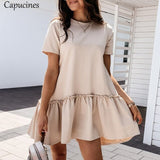 Capucines 2020 Hot Sell Casual Style O Neck Ruffles Hem Women Dress Summer Short-sleeved Solid Color Loose Short Mini Dresses