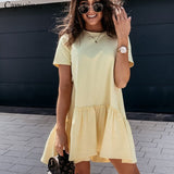 Capucines 2020 Hot Sell Casual Style O Neck Ruffles Hem Women Dress Summer Short-sleeved Solid Color Loose Short Mini Dresses